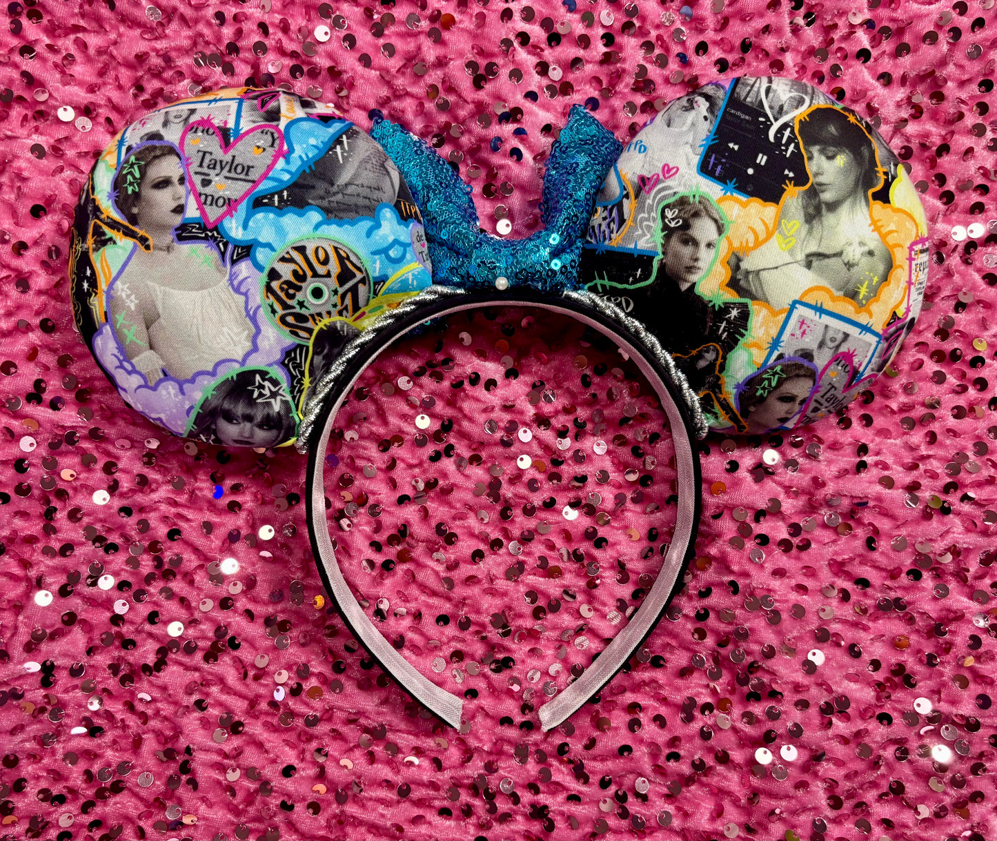 Neon Fortnight Mouse Ears - Taylor Swift Inspired Headband with Blue Sequin Bow