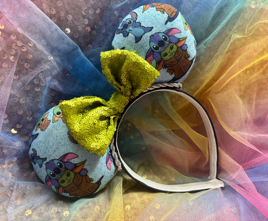 Baby Yoda & Stitch Mouse Ears | Handmade Star Wars Lilo & Stitch Disney Headband with Sequin Bow