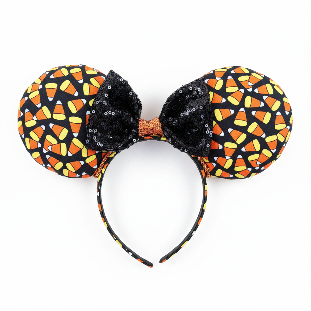 Halloween-themed mouse ears with candy corn pattern on a white background