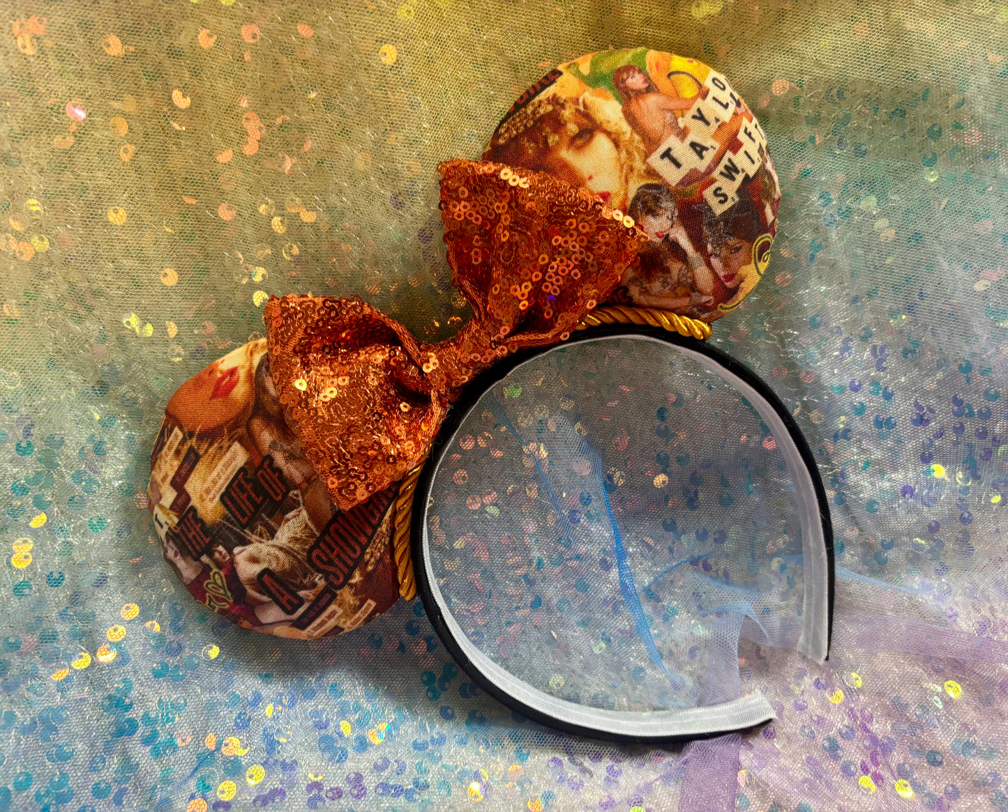 Showgirl Collage Mouse Ears | LOAS Inspired Orange Satin Bow Theme Park Headband