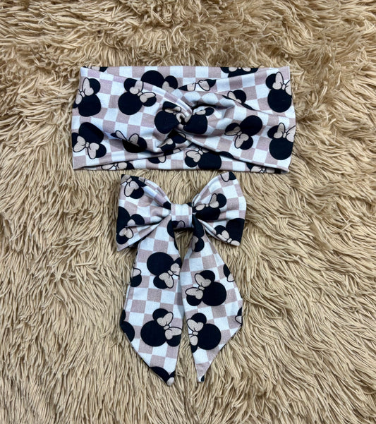 Checkered Mouse Twisted Headwrap and Hairbow Bundle