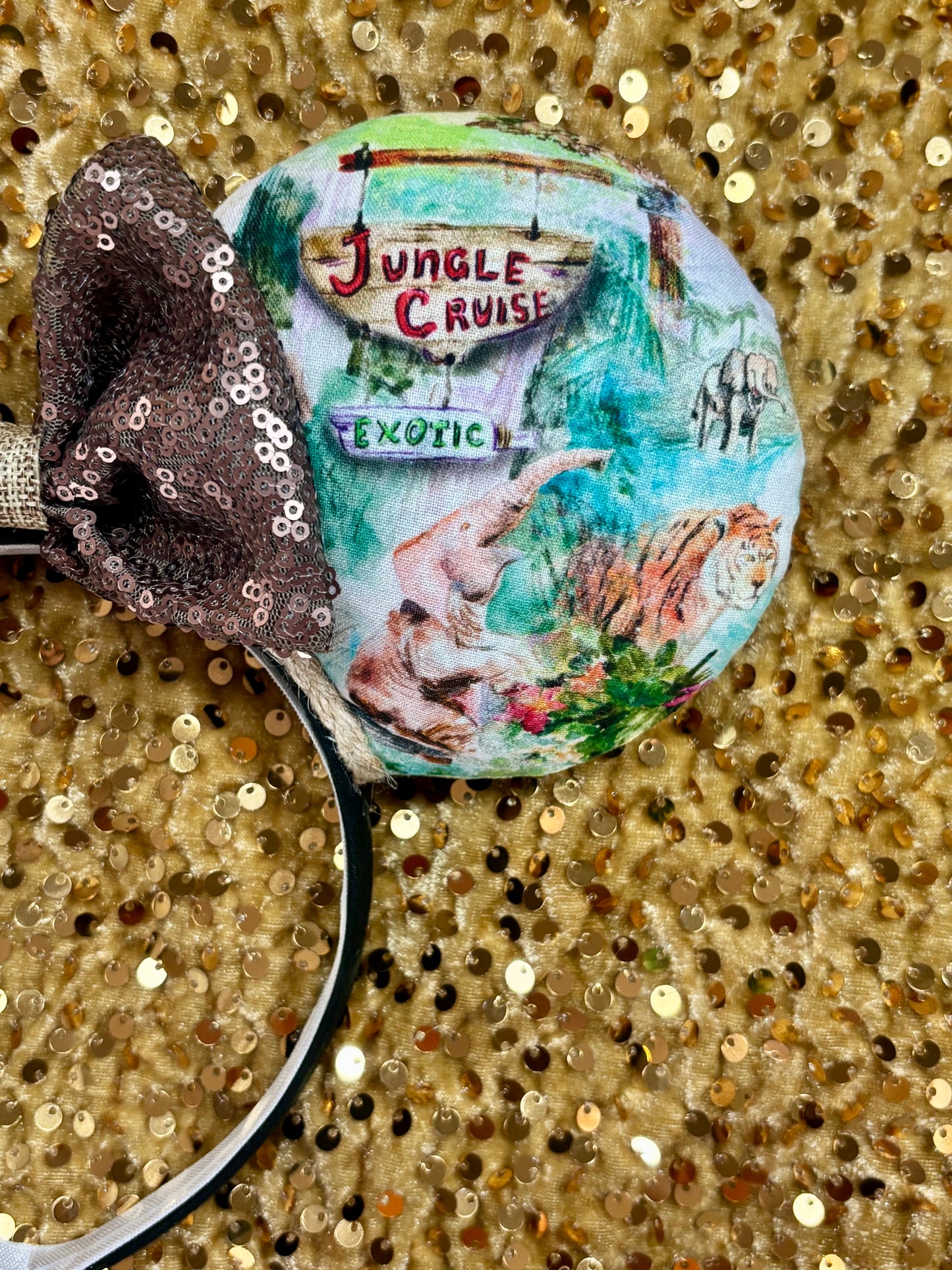 Jungle Cruise Mouse Ears – Magic Kingdom Safari Inspired Handmade Disney Headband | Brown Sequin Bow