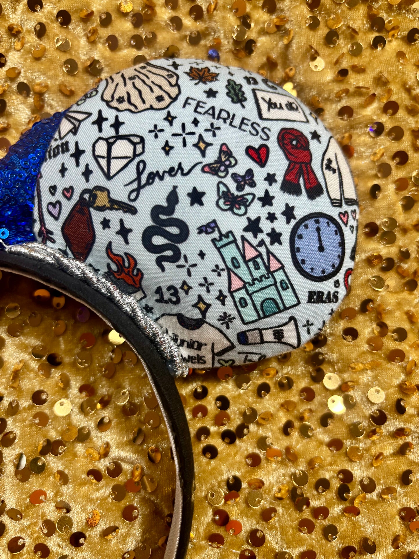 Tay Doodles Mouse Ears | Handmade Taylor-Inspired Doodle Disney Headband with Blue Sequin Bow