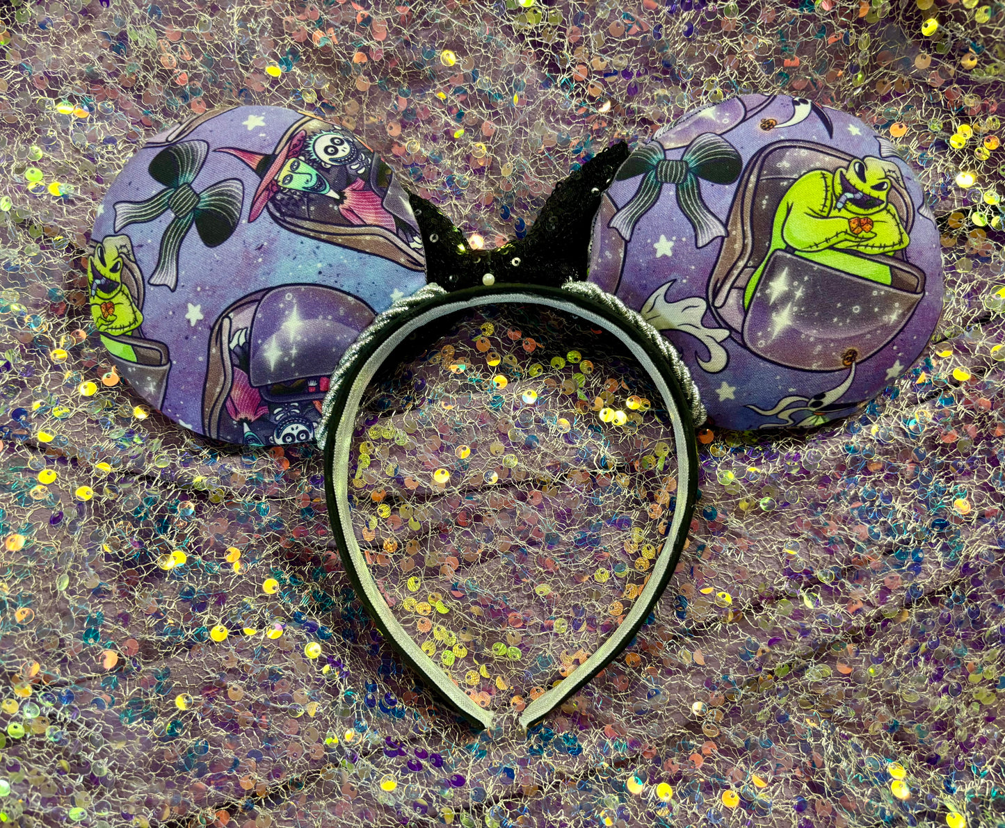 Nightmare Before Christmas x Haunted Mansion Mouse Ears – Handmade Disney Headband with Purple Velvet Bow