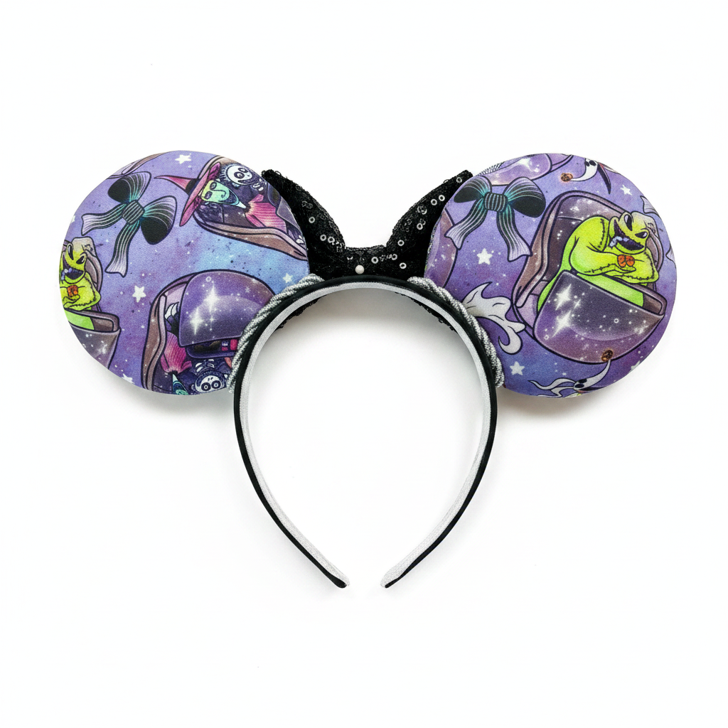 Handmade and ready to ship HM and NBC Mashup mouse ears. The fabric is on both the front and back. The headband is black and lined with white elastic. Shown with a black sequin bow. Item is shown on a white background. Back of ears with Oogie in a Doom Buggy.