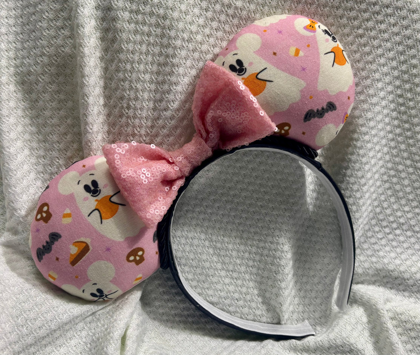 Pink Ghost Mouse Ears | Spooky-Cute Halloween Headband with Pink Sequin Bow