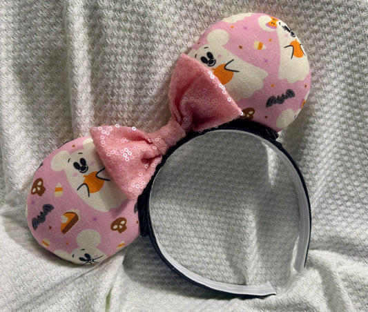 Pink Ghost Mouse Ears | Spooky-Cute Halloween Headband with Pink Sequin Bow