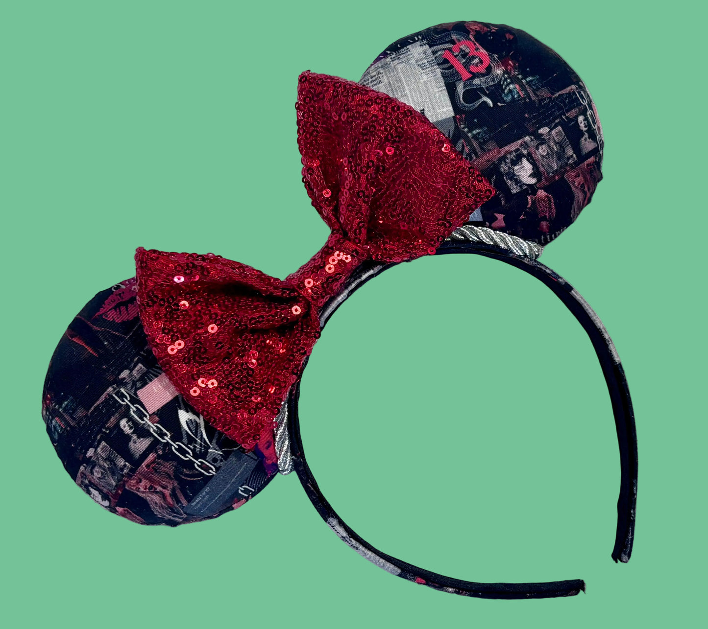 Handmade and ready to ship Rep Era images on the ears and headband. Mouse ears show a red sequin bow. Of course, you can request any bow in sequin if you prefer and I will attach it. 