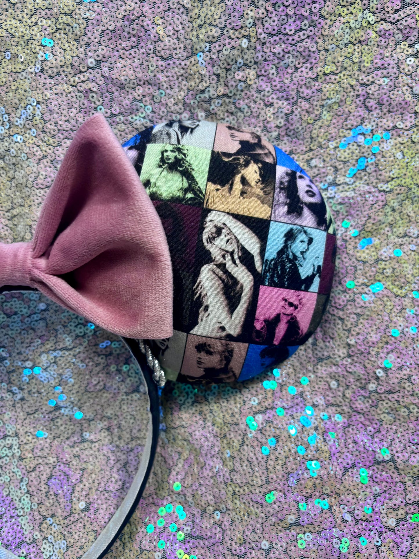 Handmade and ready to ship ERAS 2.0 mouse ears with the fabric on both the front and back. On a black universal sized headband. The set has a DUSTY PINK VELVET bow, but you can request any sequin color in your order and I'll attach it.