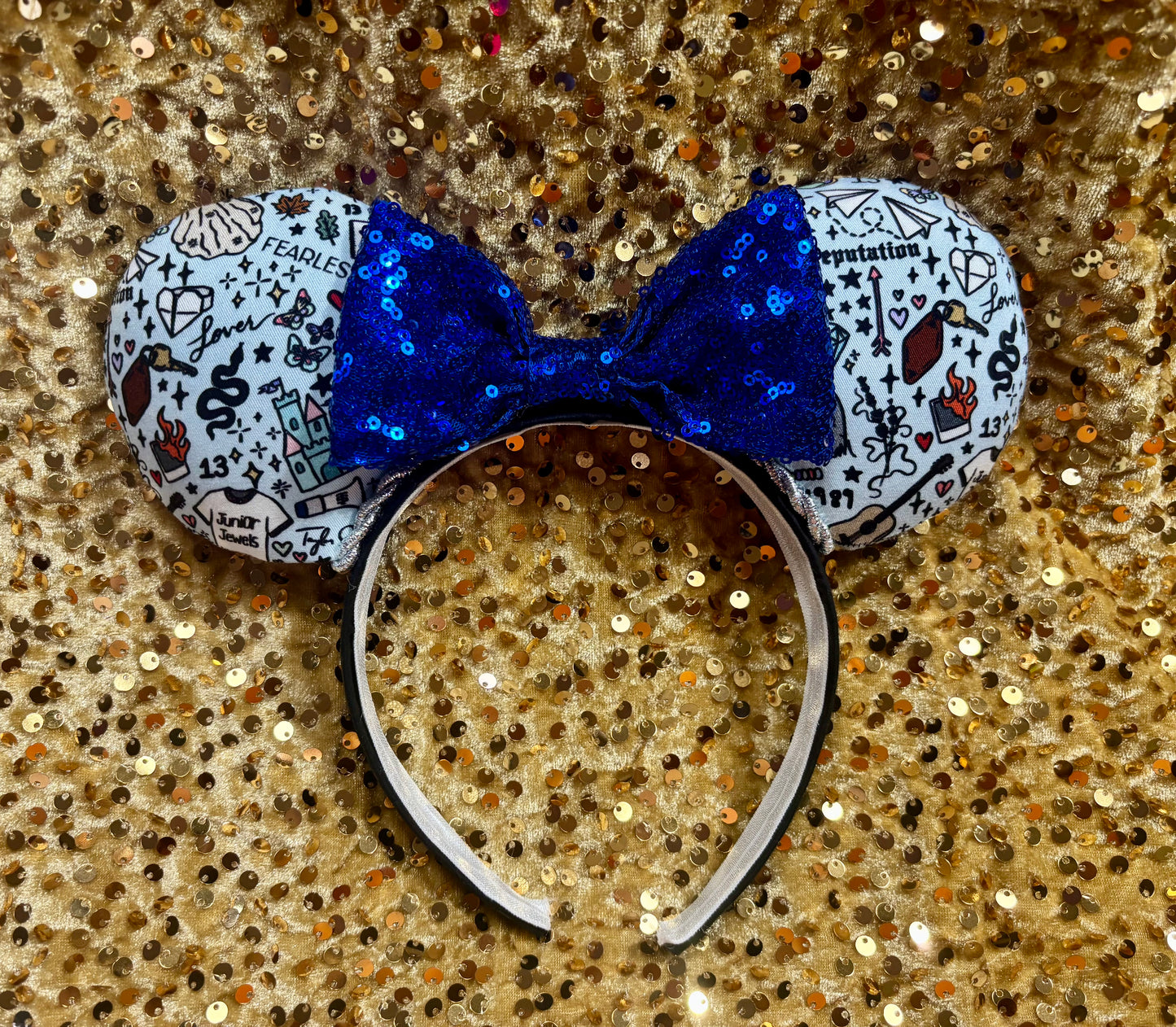 Tay Doodles Mouse Ears | Handmade Taylor-Inspired Doodle Disney Headband with Blue Sequin Bow