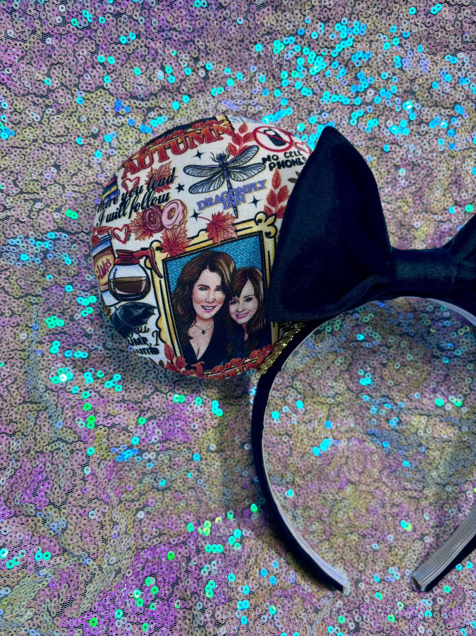 Handmade and ready to ship GG inspired mouse ears with the fabric on both the front and back showing Rory and Lorelai. On a black universal sized headband. The set has a BLACK VELVET bow, but you can request any sequin color in your order and I'll attach it. 