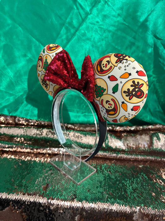 Sugar Cookie Mouse Ears – Handmade Disney-Inspired Christmas Headband with Red Sequin Bow.