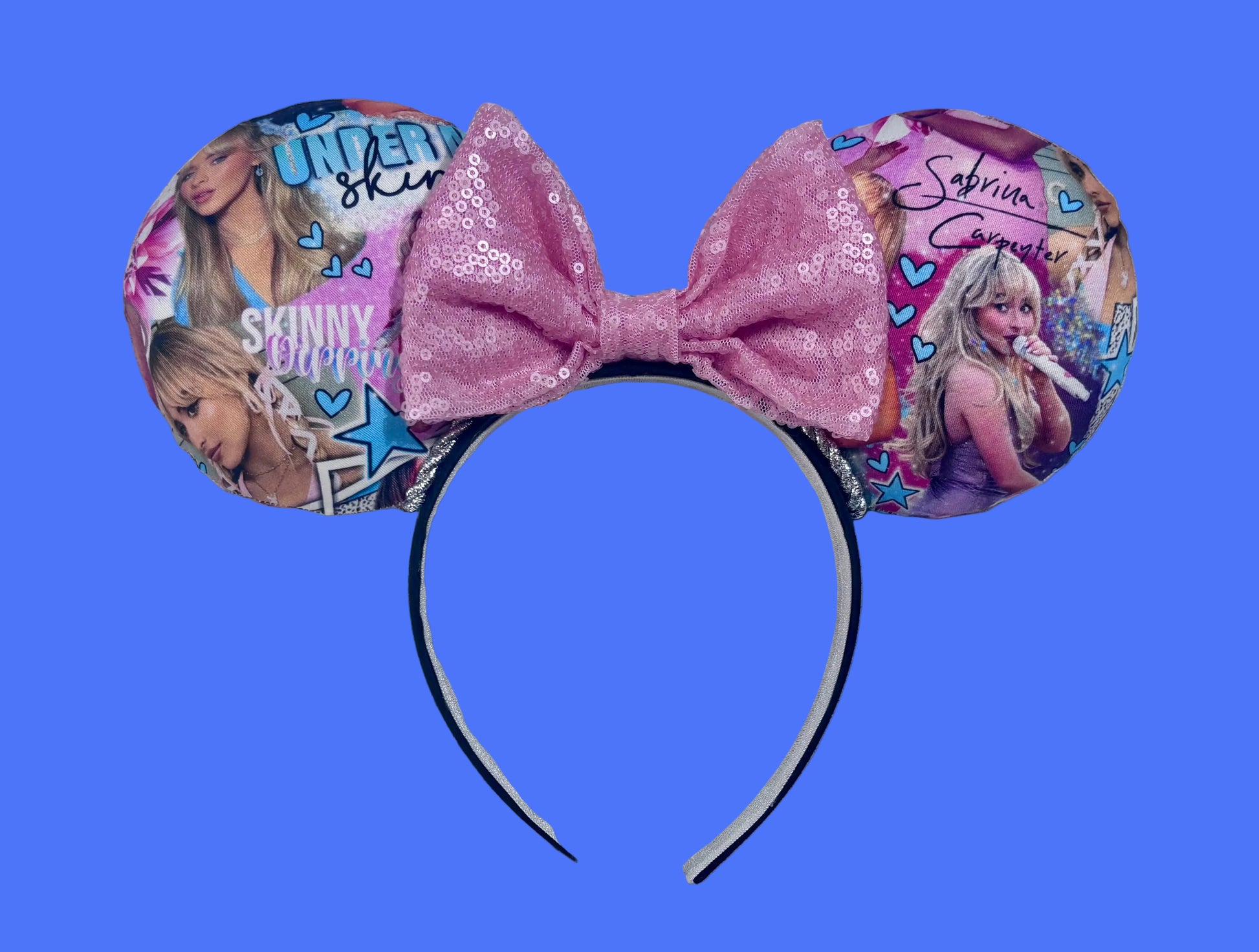 Sabrina Carpenter Short n Sweet handmade mouse ear headband with pink sequin bow and silver twisted trim.