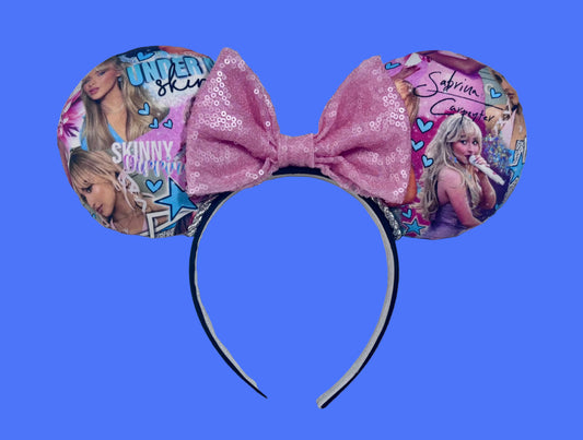 Sabrina Carpenter Short n Sweet handmade mouse ear headband with pink sequin bow and silver twisted trim.