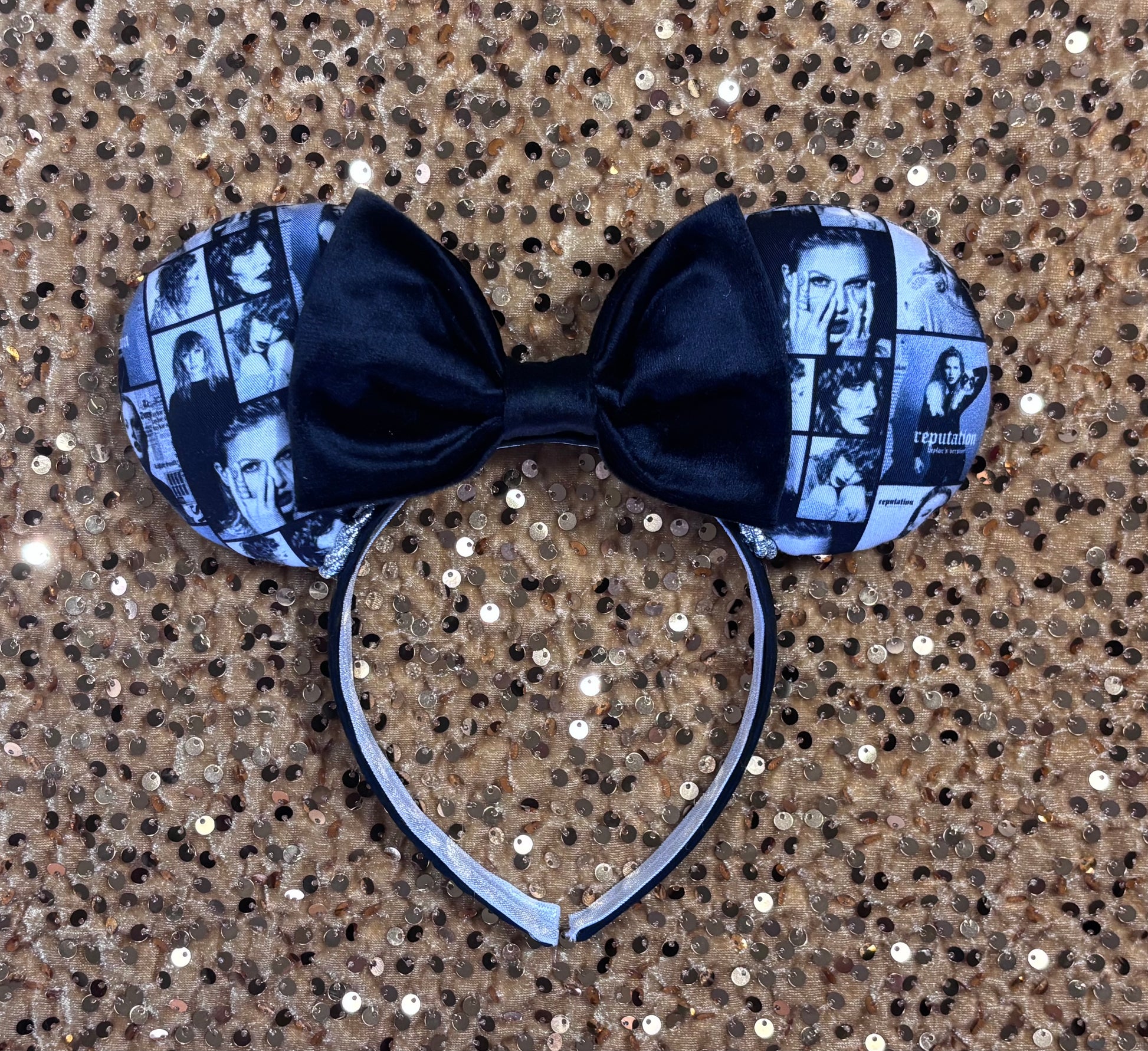 Handmade and ready to ship "BAD' reputation Mouse ears with a new beautiful black velvet bow. Of course, you can still request any bow in sequin if you prefer and I will attach it. Shown on a gold sequin background.