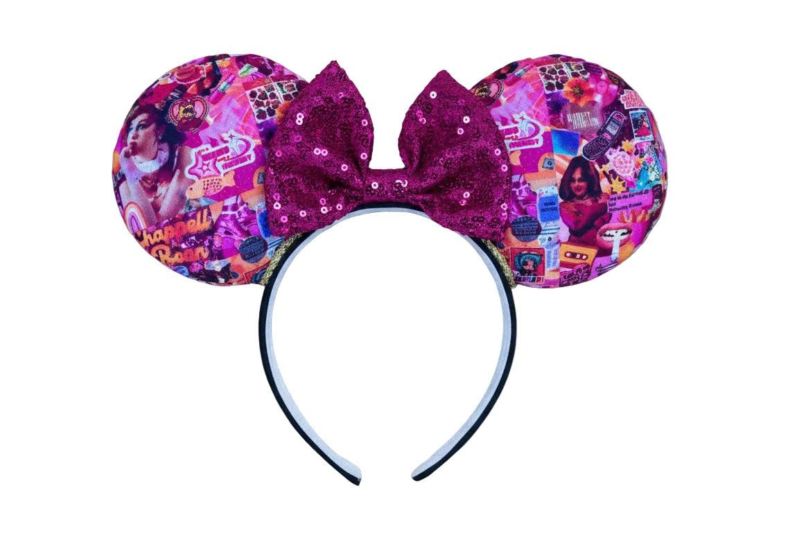 Handmade and ready to ship Colorful Chappell inspired Mouse ears with a hot pink bow on a headband against a white background.