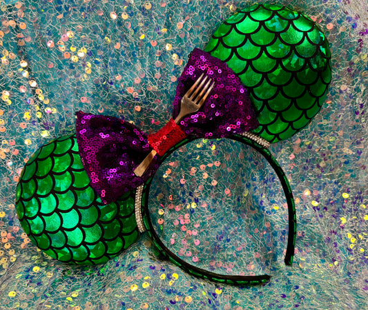 Mermaid Mouse Ears | Handmade Ariel-Inspired Disney Headband with Rhinestone Trim & Dinglehopper Bow