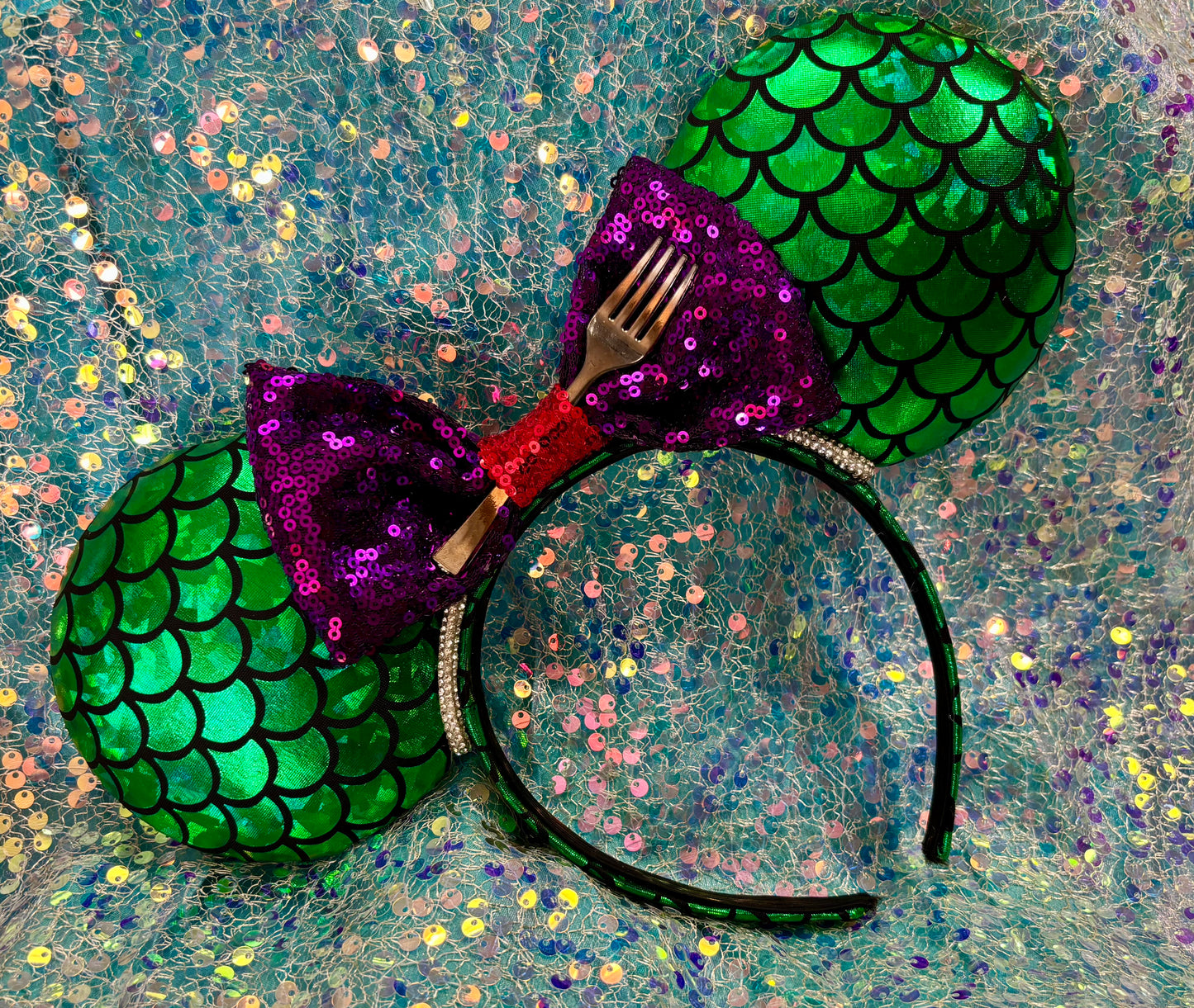 Mermaid Mouse Ears | Handmade Ariel-Inspired Disney Headband with Rhinestone Trim & Dinglehopper Bow