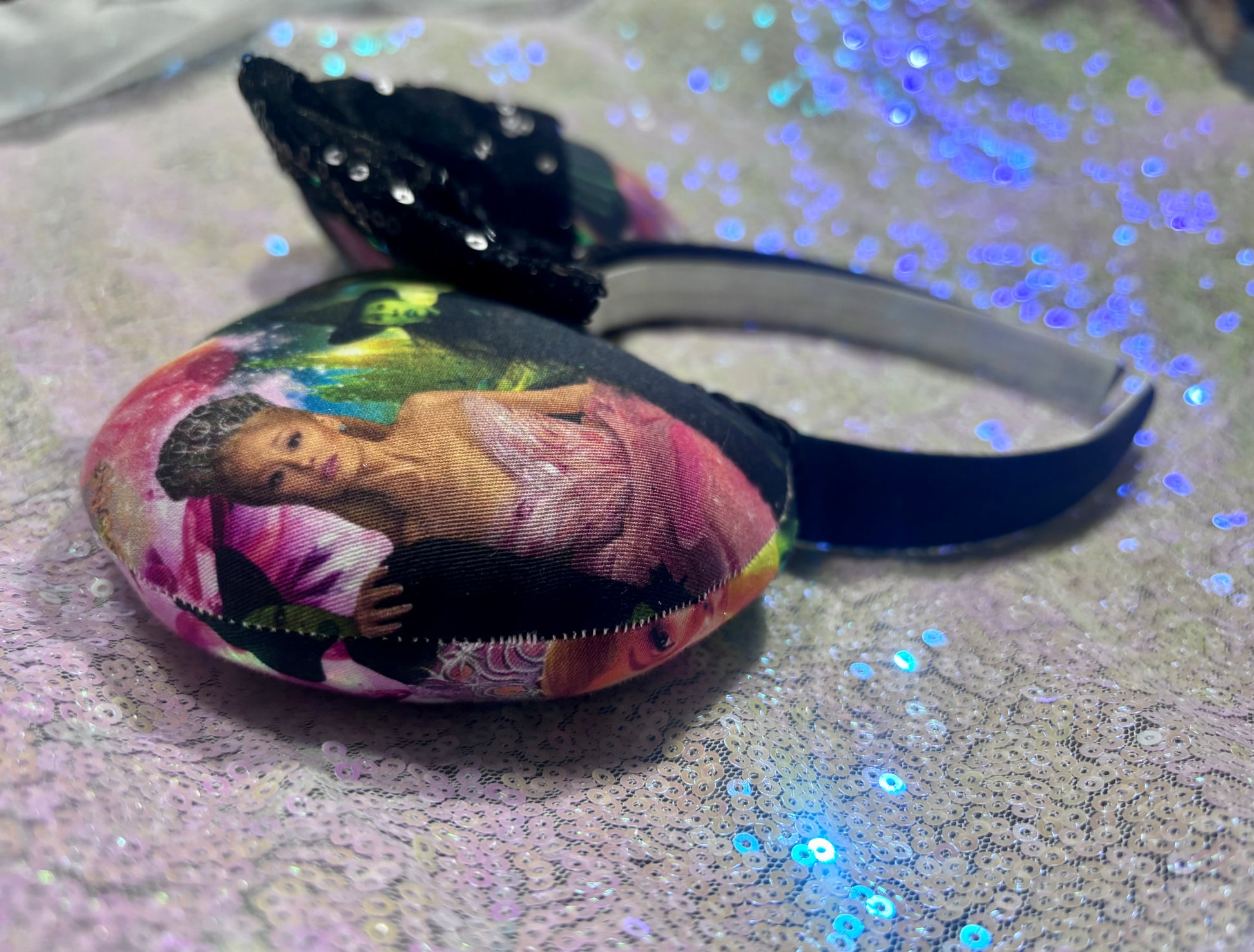 Mouse ears with floral design and black sequin bow 