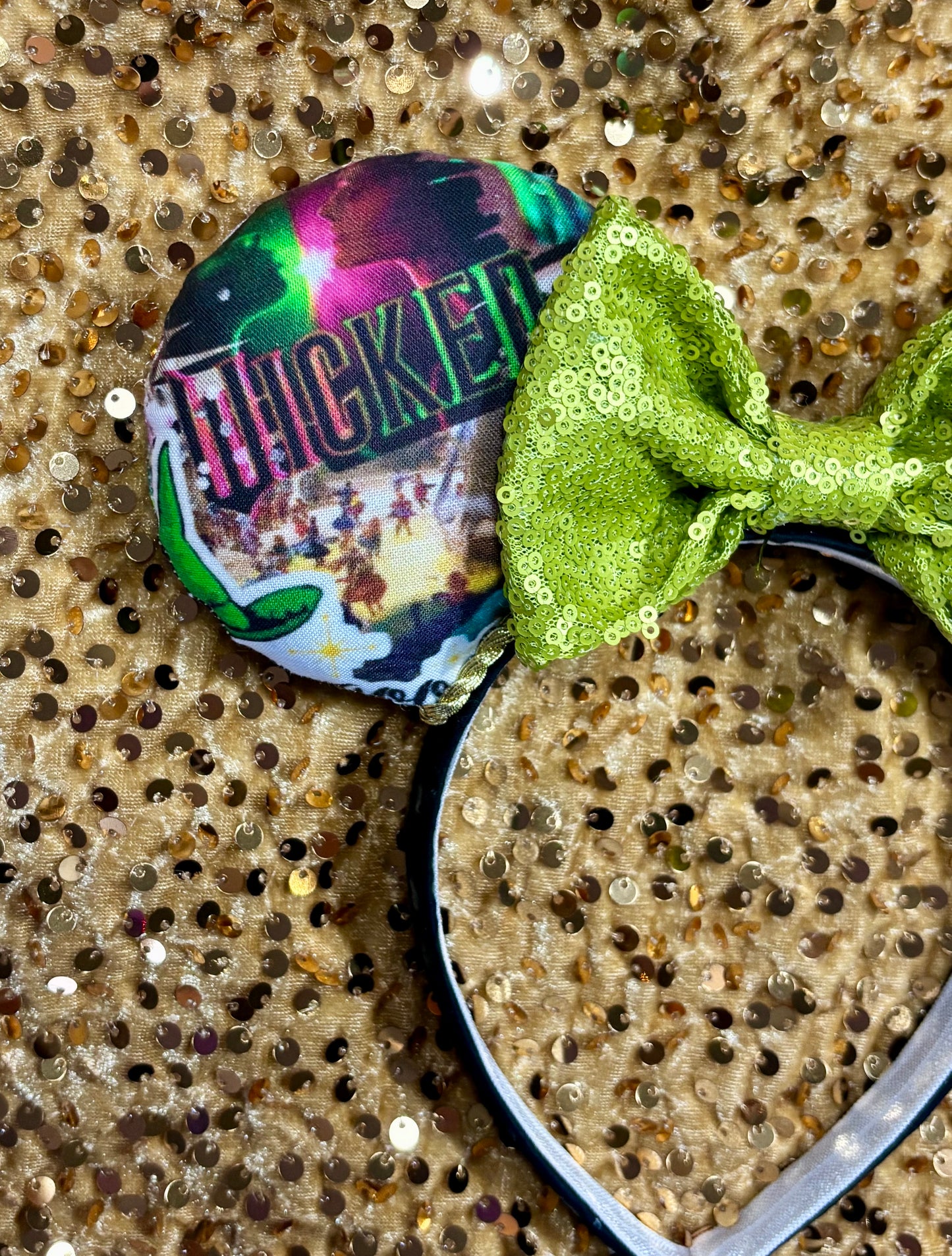 Wicked Collage Mouse Ears – Elphaba & Glinda Inspired Handmade Disney Headband | Pink Sequin Bow