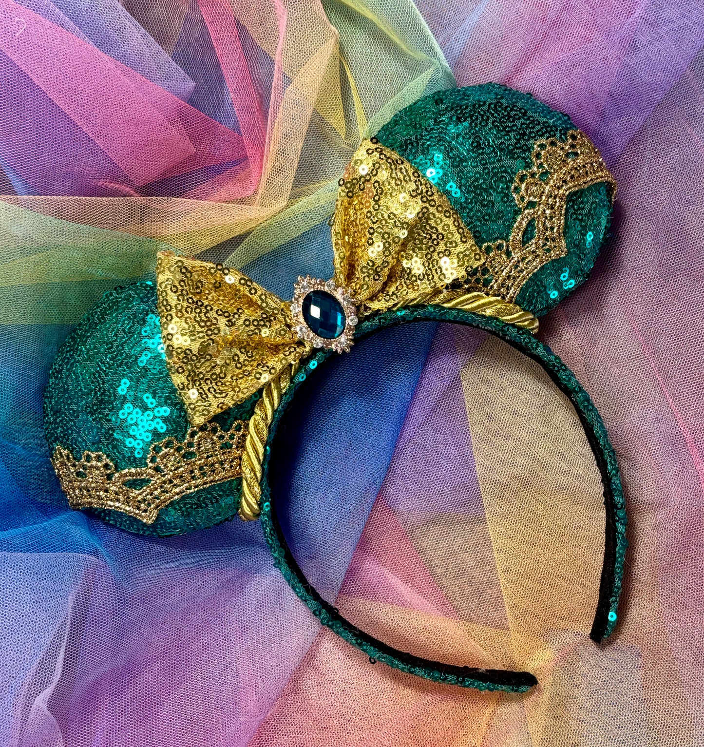 Jasmine Inspired Mouse Ears – Princess Aladdin Handmade Disney Headband | Teal & Gold Sequin Bow
