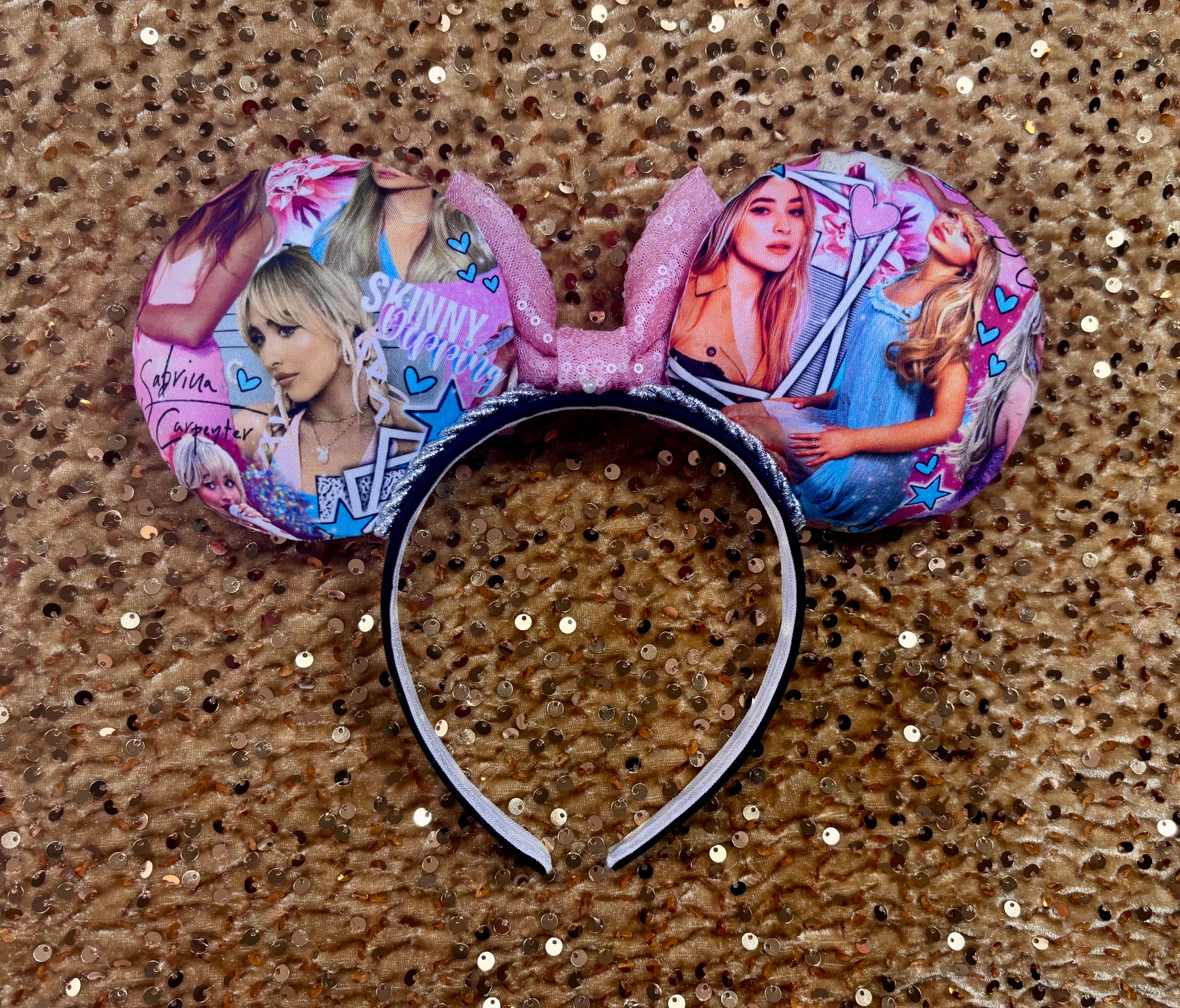 Sabrina Carpenter Short n Sweet Inspired handmade and ready to ship mouse ear headband with a pink sequin bow and silver twisted trim on a black poly cotton universal sized headband. Back view of set.