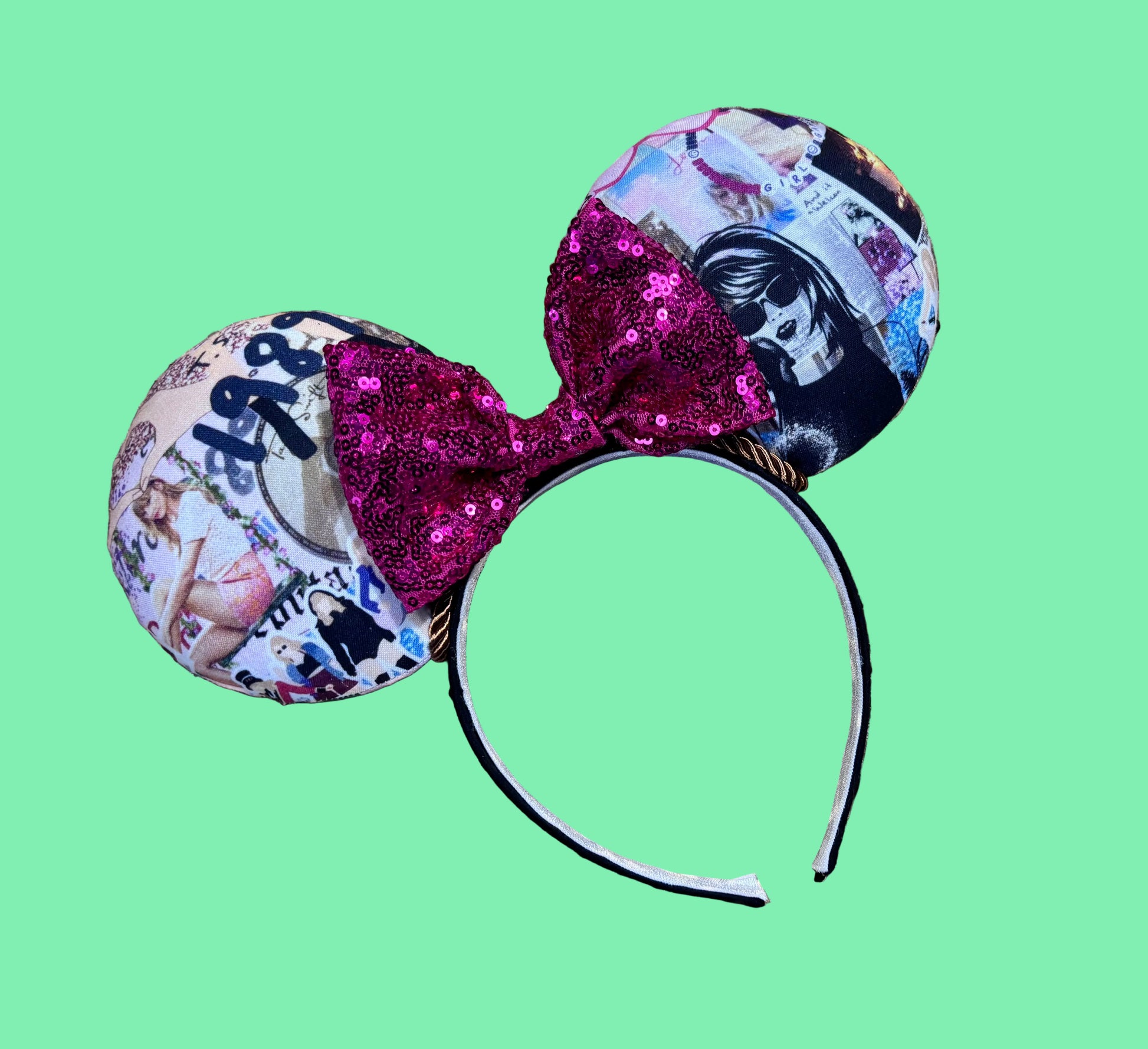 Colorful Cartoon Eras Handmade mouse ears with a hot pink sequin bow, twisted trim and on a black poly cotton elastic wrapped headband that is universal sized. Handmade and ready to ship.