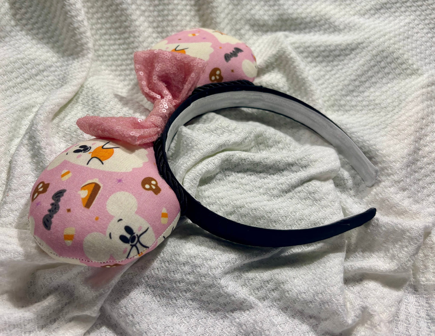 Pink Ghost Mouse Ears | Spooky-Cute Halloween Headband with Pink Sequin Bow