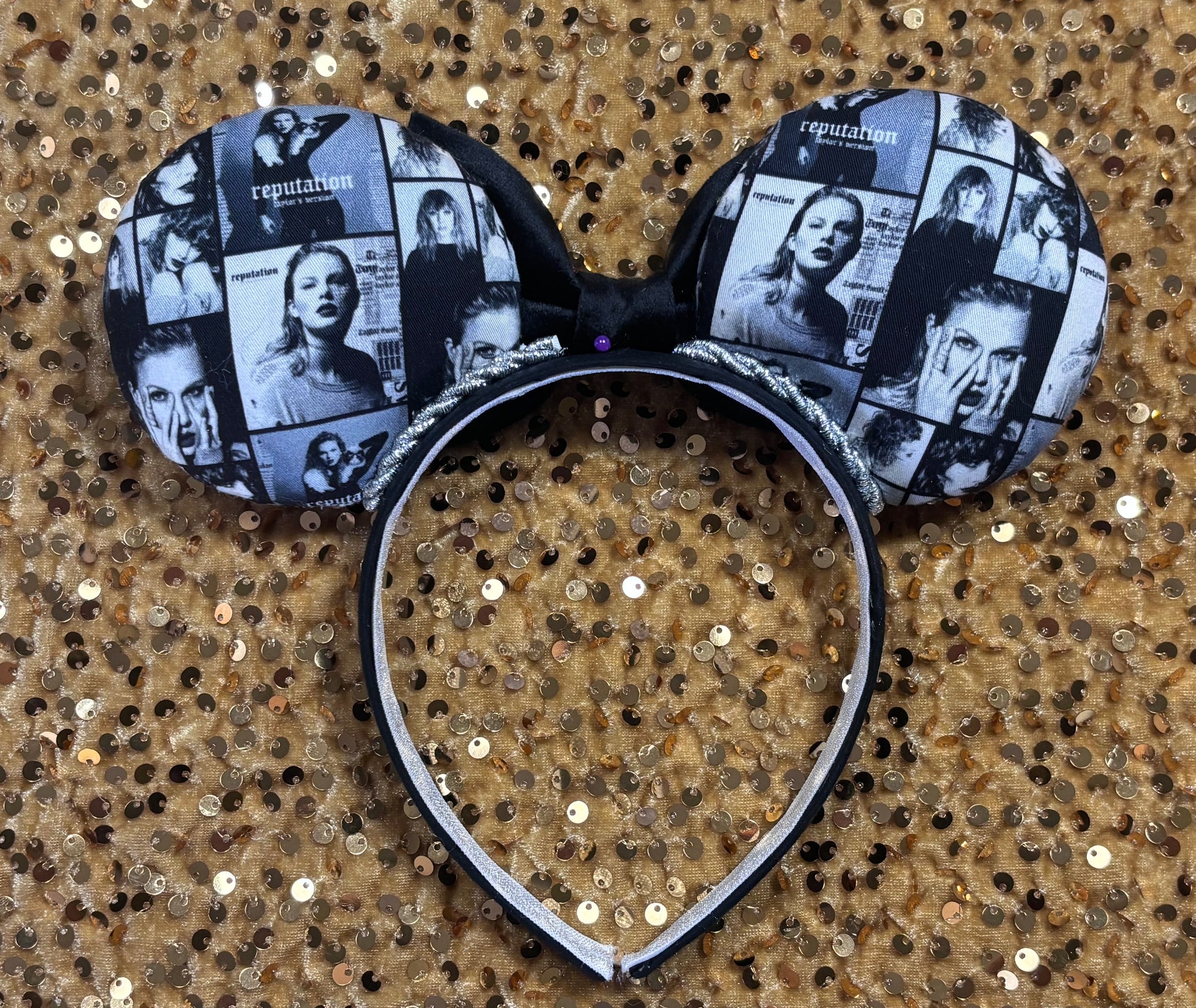 Back view of Handmade and ready to ship "BAD' reputation Mouse ears with a new beautiful black velvet bow. Of course, you can still request any bow in sequin if you prefer and I will attach it. Shown on a gold sequin background.