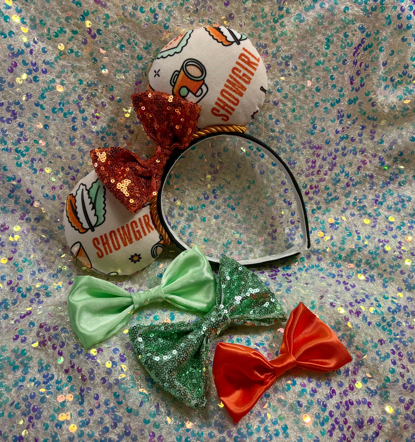 Showgirl Life Mouse Ears | LOAS Inspired Orange & Mint Collage Theme Park Headband