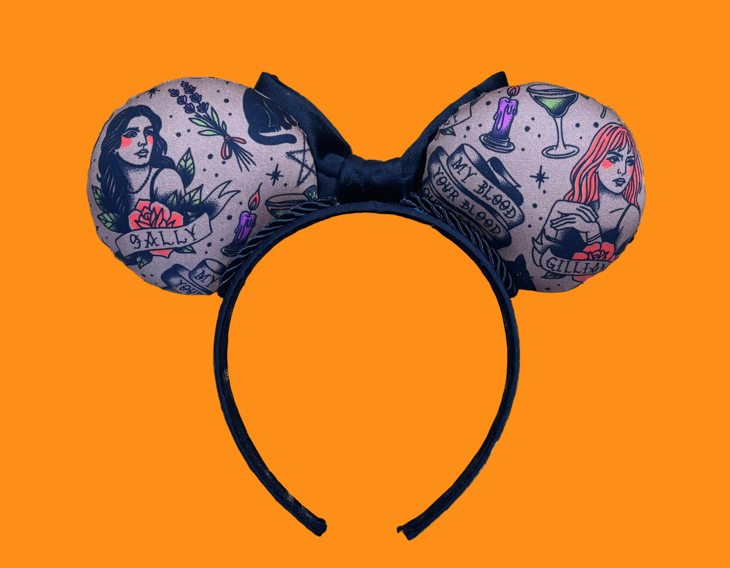 back side of Black velvet bow headband with tattoo-style mouse ears of Gil and Sal. Handmade and ready to ship.