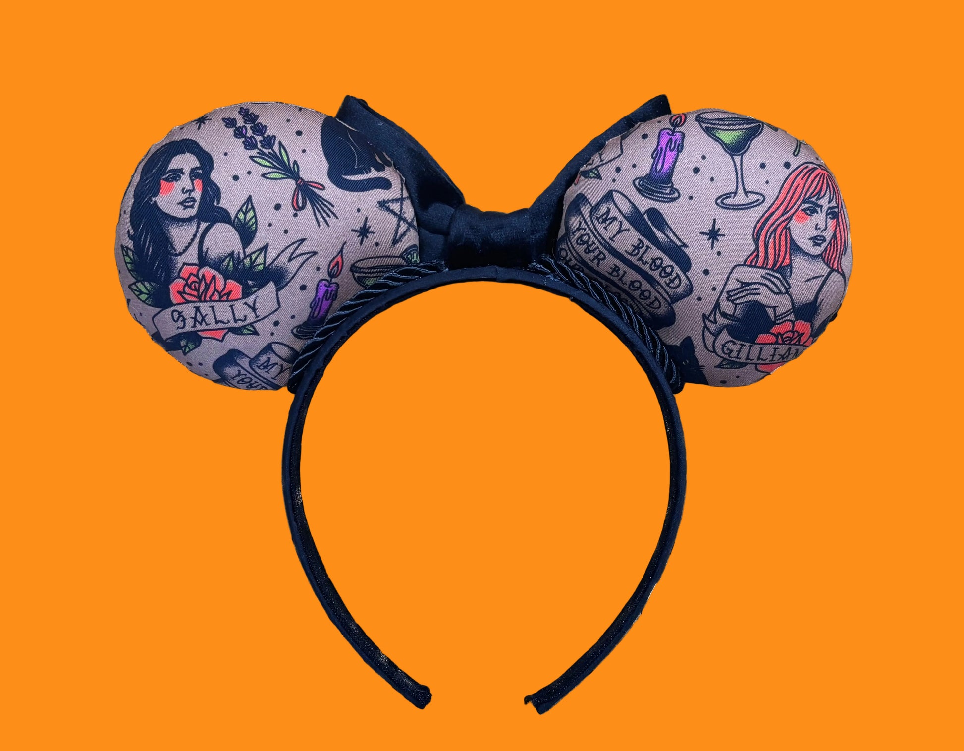 back side of Black velvet bow headband with tattoo-style mouse ears of Gil and Sal. Handmade and ready to ship.