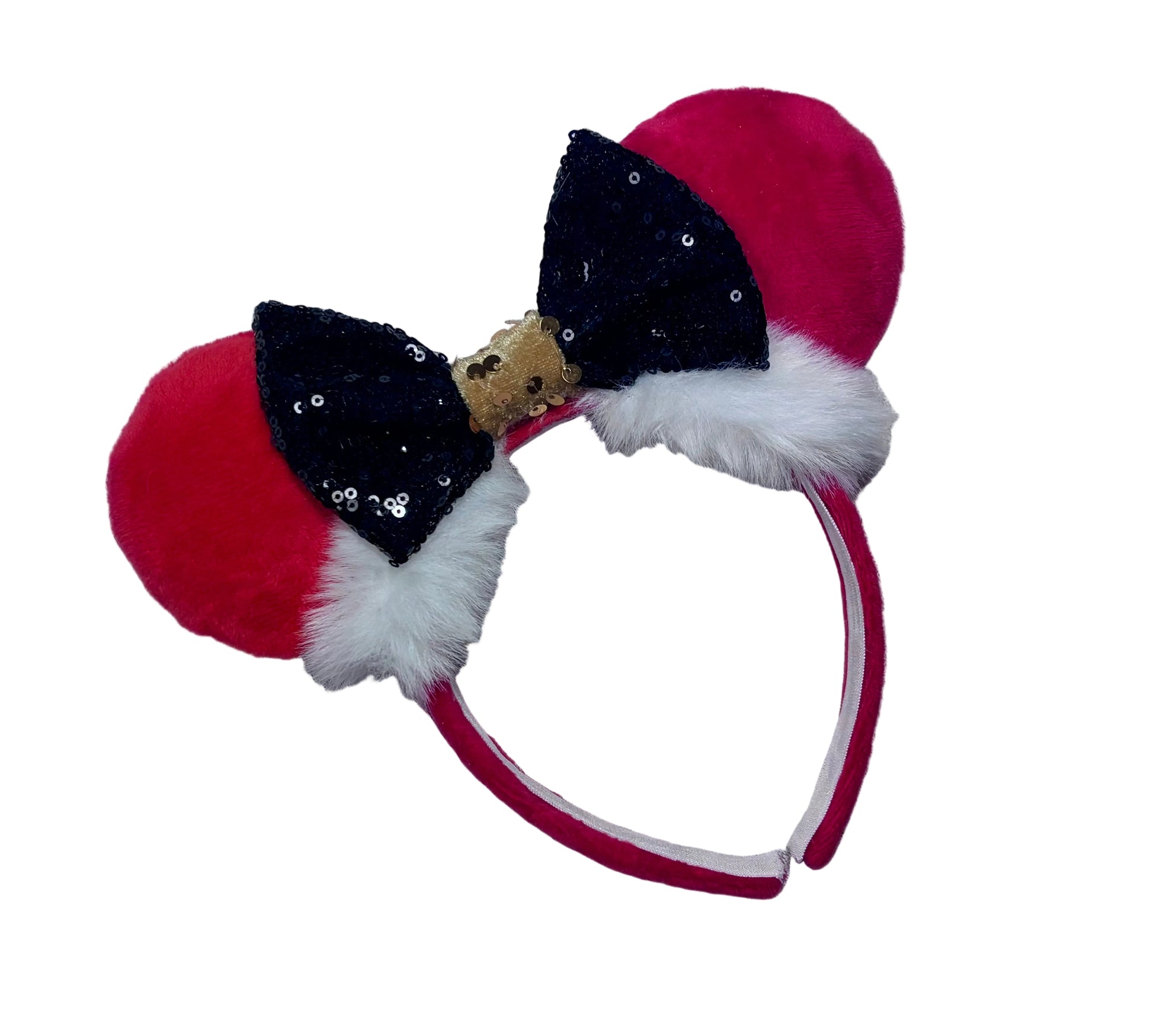 Minnie Mouse ears headband with red plush ears and black bow with gold middle and fluffy white trim on a white background