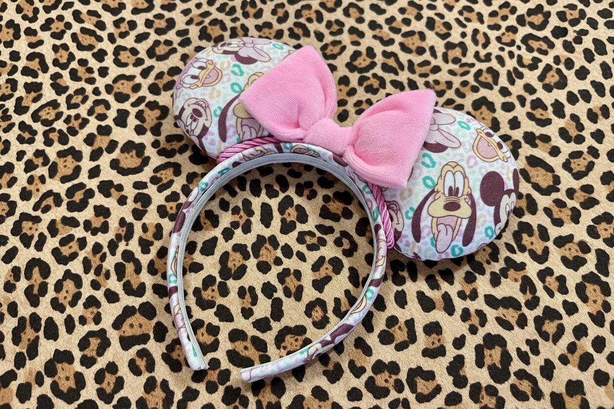 Leopard Print Mouse Ears | Handmade Headband with Pink Plush Bow
