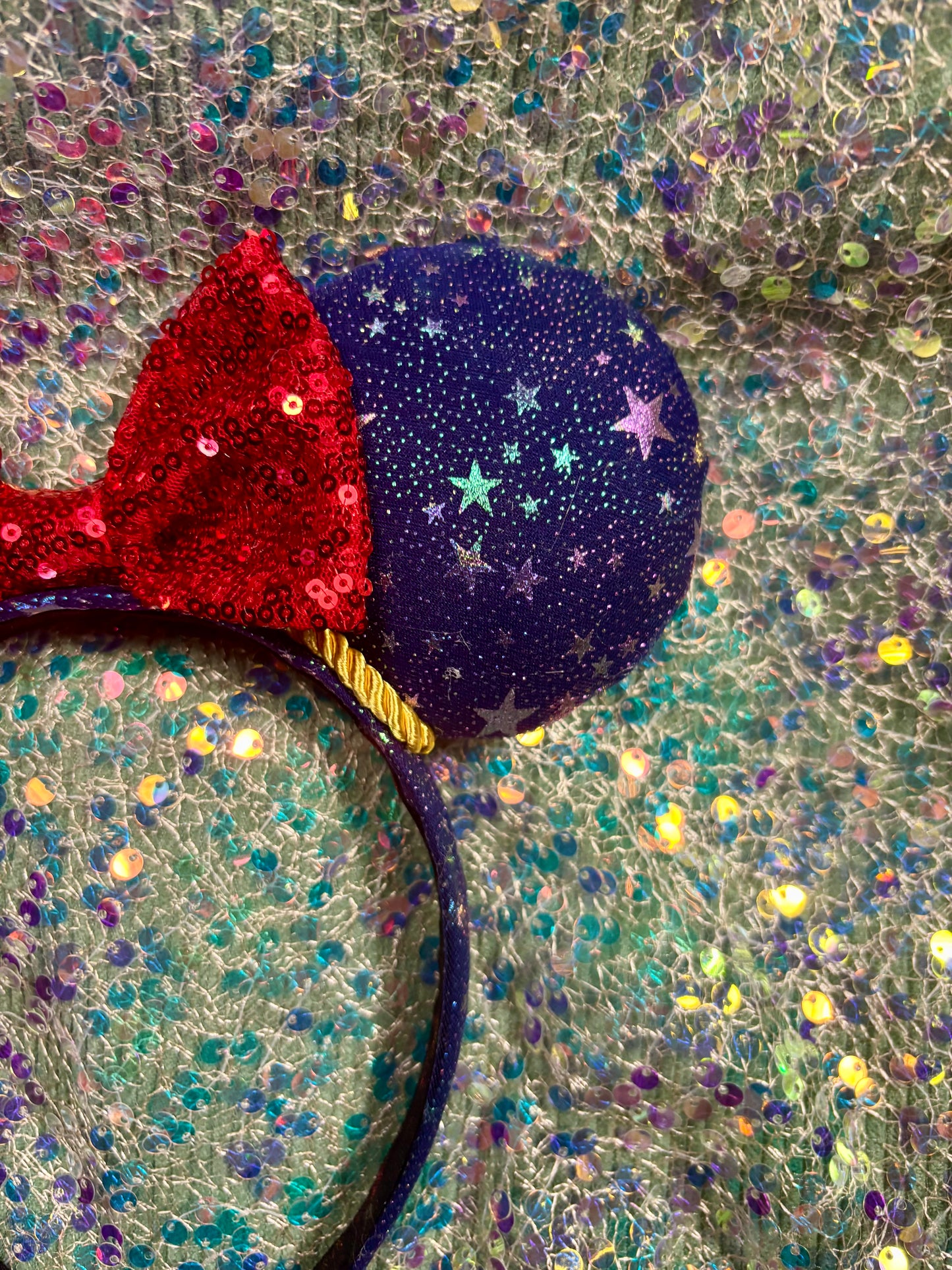 Sorcerer Mickey Inspired Mouse Ears | Galaxy Fabric & Gold Trim Theme Park Headband