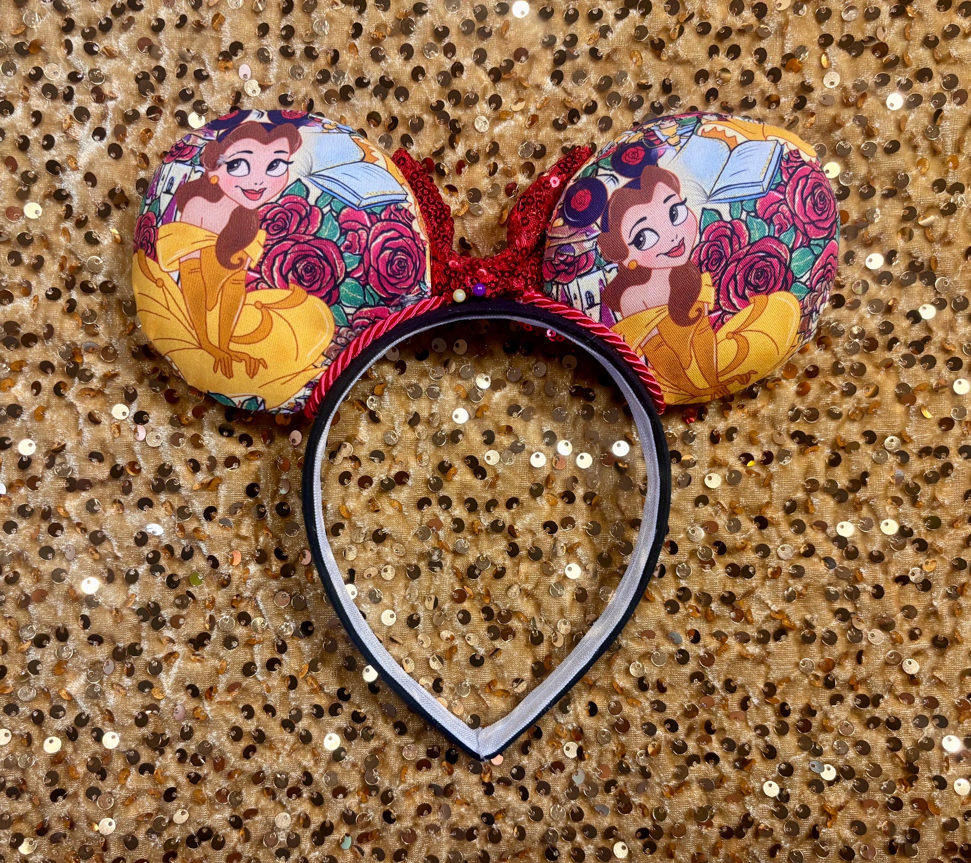 Back side view of mouse ears. Bow isn't attached, it's just pinned for photos in case you want a different color