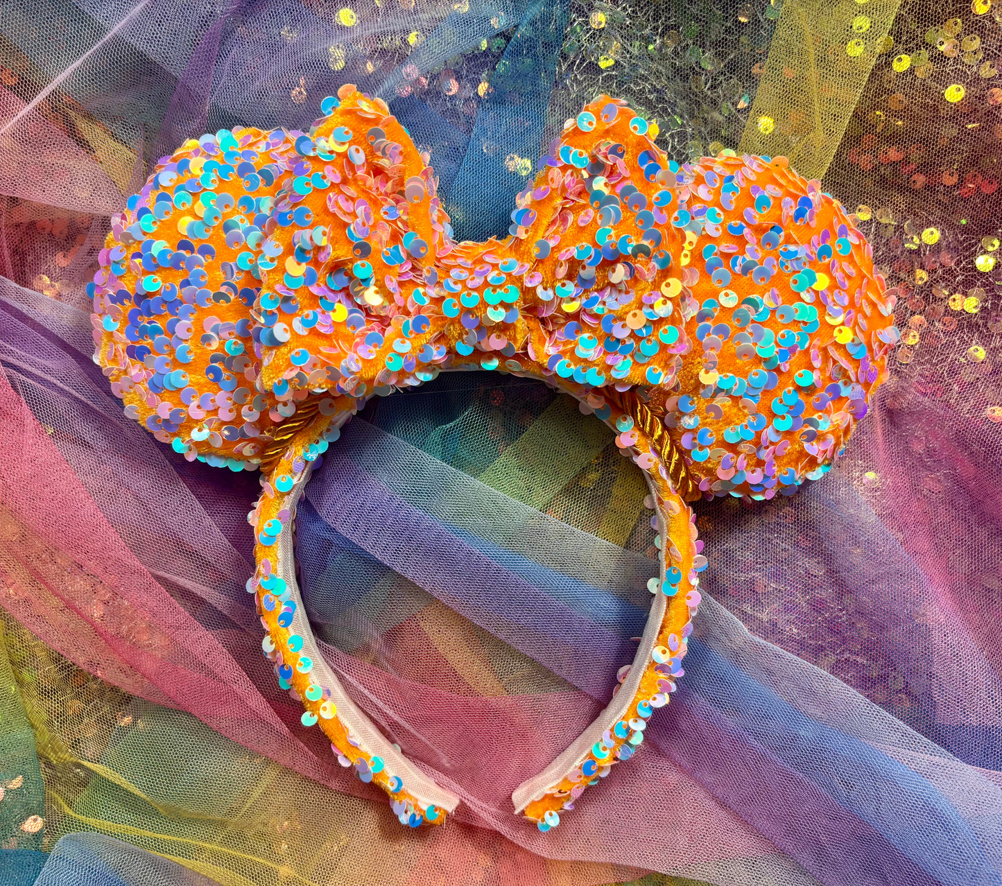 Orange Velvet & Mint Sequin Mouse Ears | Showgirl Era Deluxe Theme Park Headband