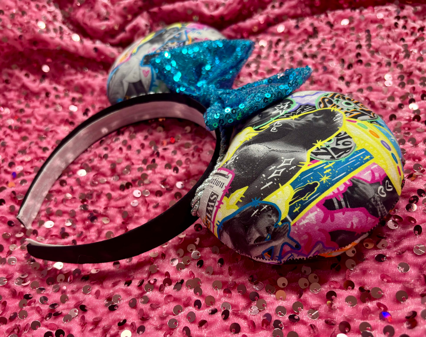 Neon Fortnight Mouse Ears - Taylor Swift Inspired Headband with Blue Sequin Bow