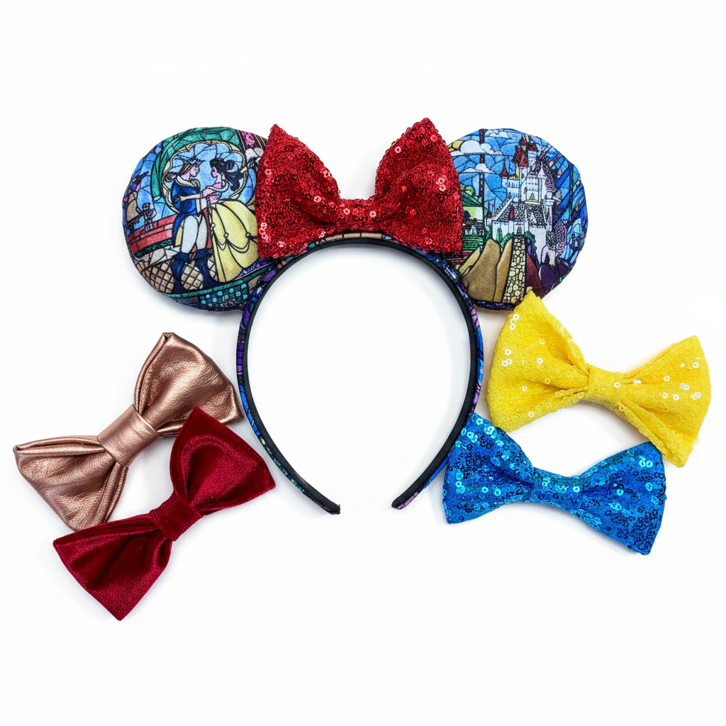 Handmade and ready to ship Stained Glass themed from BATB mouse ears with the fabric on both the front and back. On a black universal sized headband. Showing many bow color choices.