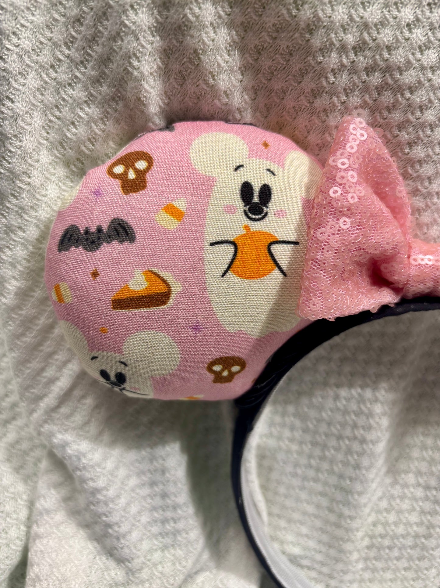 Pink Ghost Mouse Ears | Spooky-Cute Halloween Headband with Pink Sequin Bow