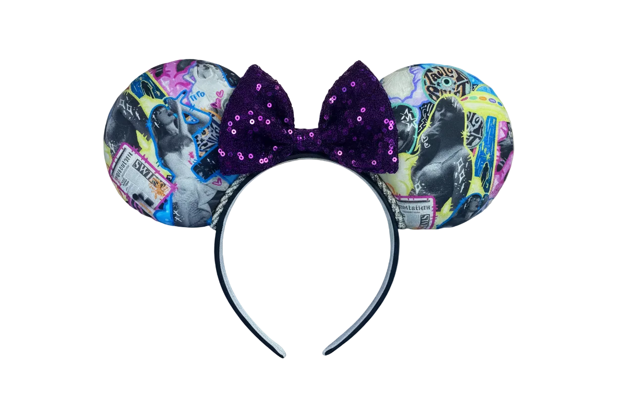 Handmade and ready to ship. Fabric images inspired by Tay and the fortnight video is on the front and back with a purple sequin bow. Shown on a white background.