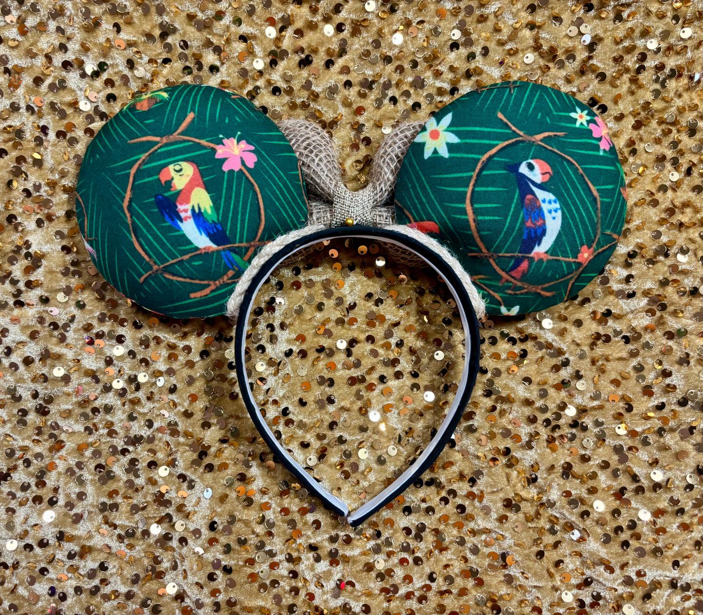 Enchanted Tiki Room Mouse Ears | Tropical Burlap Trim Adventureland Headband