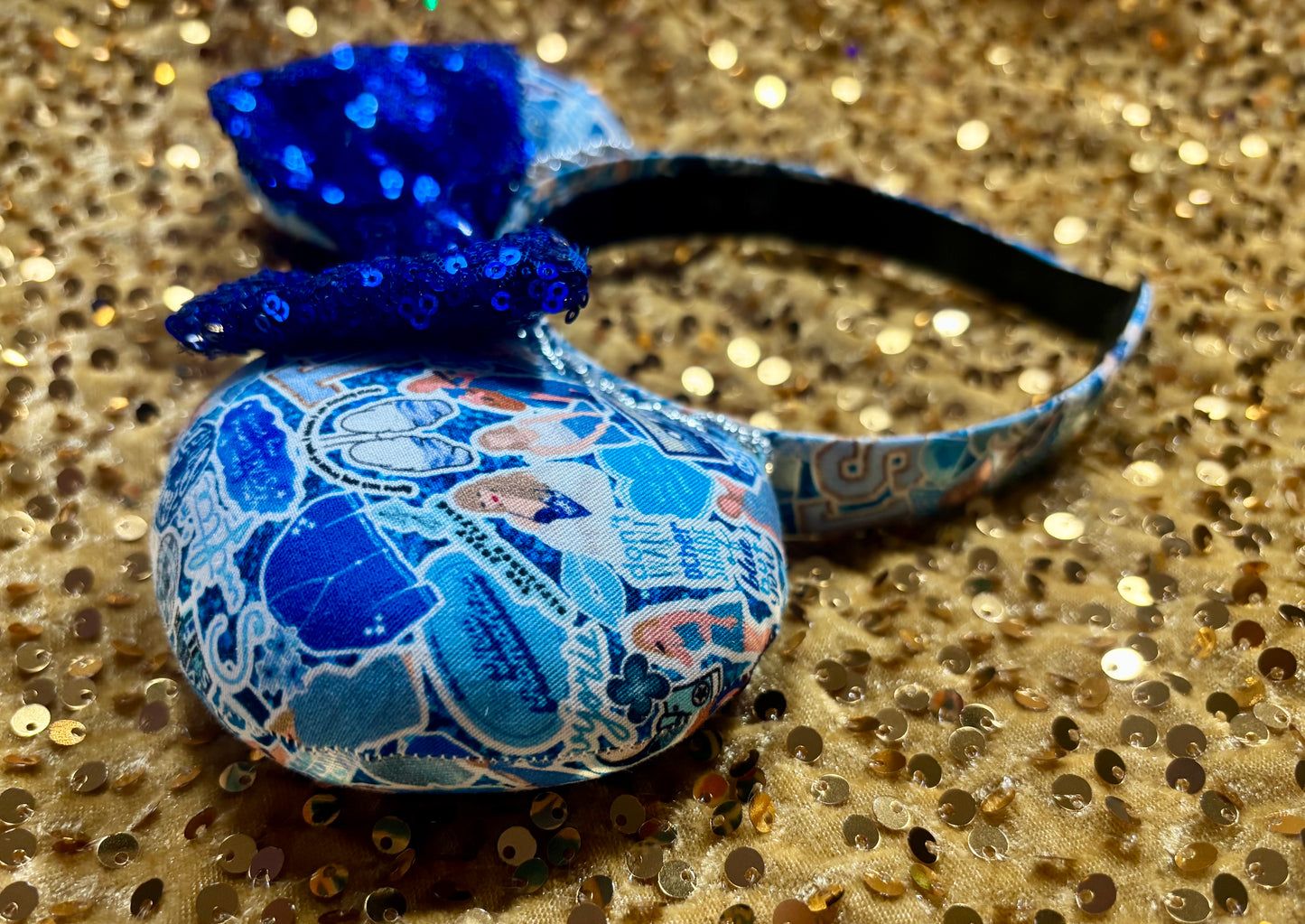 Blue Mouse Ears Headband with Silver Trim & Sequin Bow