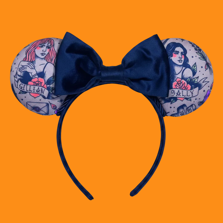 Handmade and ready to ship Practically Magical Mouse ears with the fabric on the ears, front and back and a black velvet bow. The headband is a universal sized headband and has black poly cotton fabric on it.