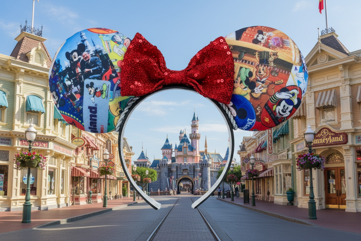 Colorful park collage fabric inspired by the park mouse ears with a red sequin bow on a black headband. 