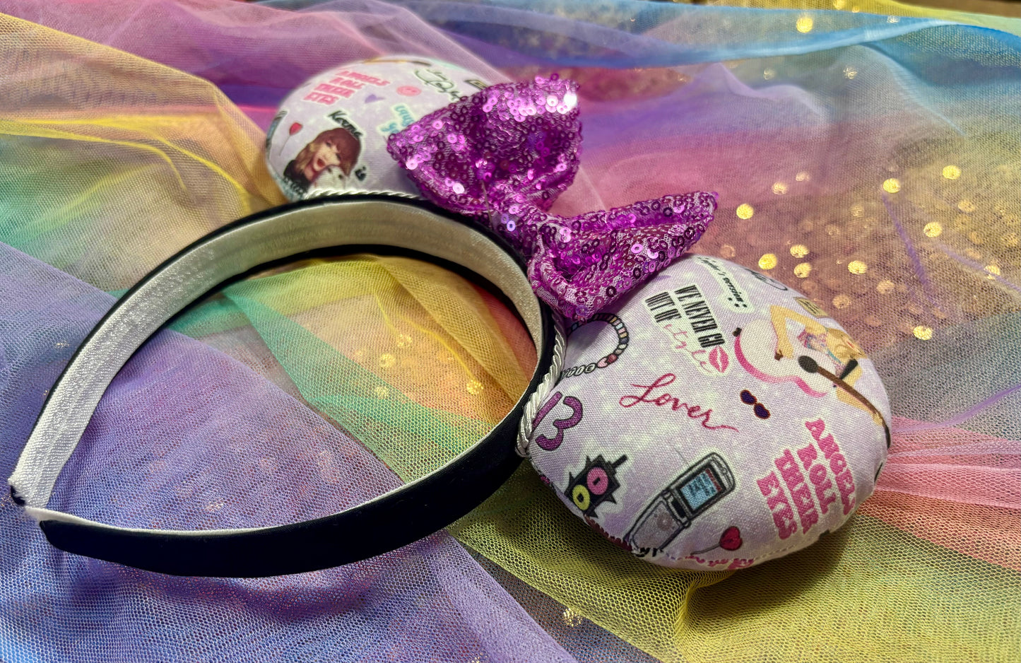 Lilac Taylor Swift Collage Mouse Ears – Handmade Disney-Inspired Headband with Purple Sequin Bow