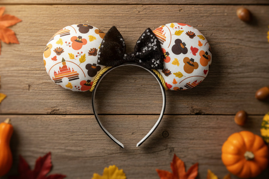 Thanksgiving park themed mouse ears on a black headband with a black sequin bow. Shown on a fall-themed design on a wooden surface with pumpkins and leaves.