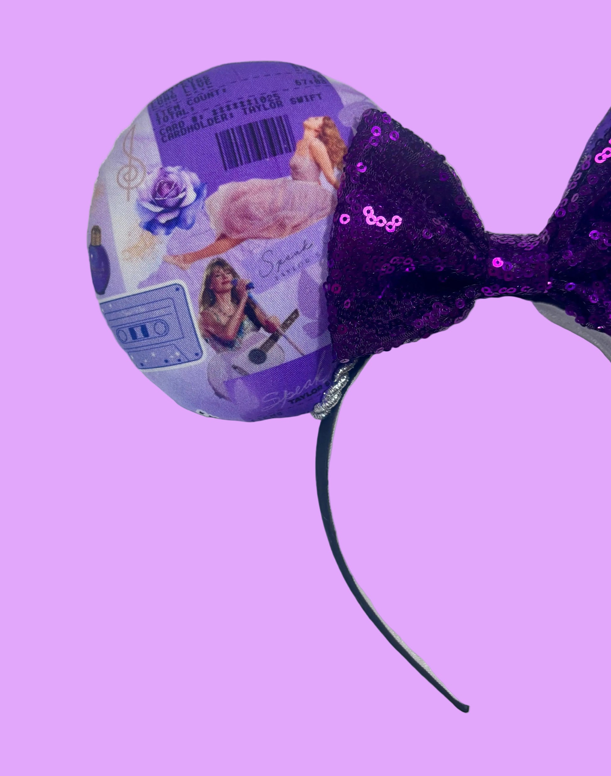 Close up of front mouse ear and the lavender TS prints on fabric.