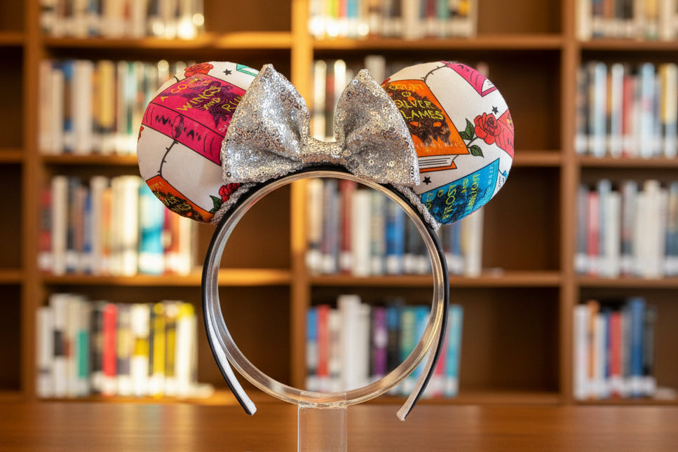 Inspired by the book series, the fabric is in the mouse ears with a silver sequin bow on a black headband. Shown in front of a bookshelf