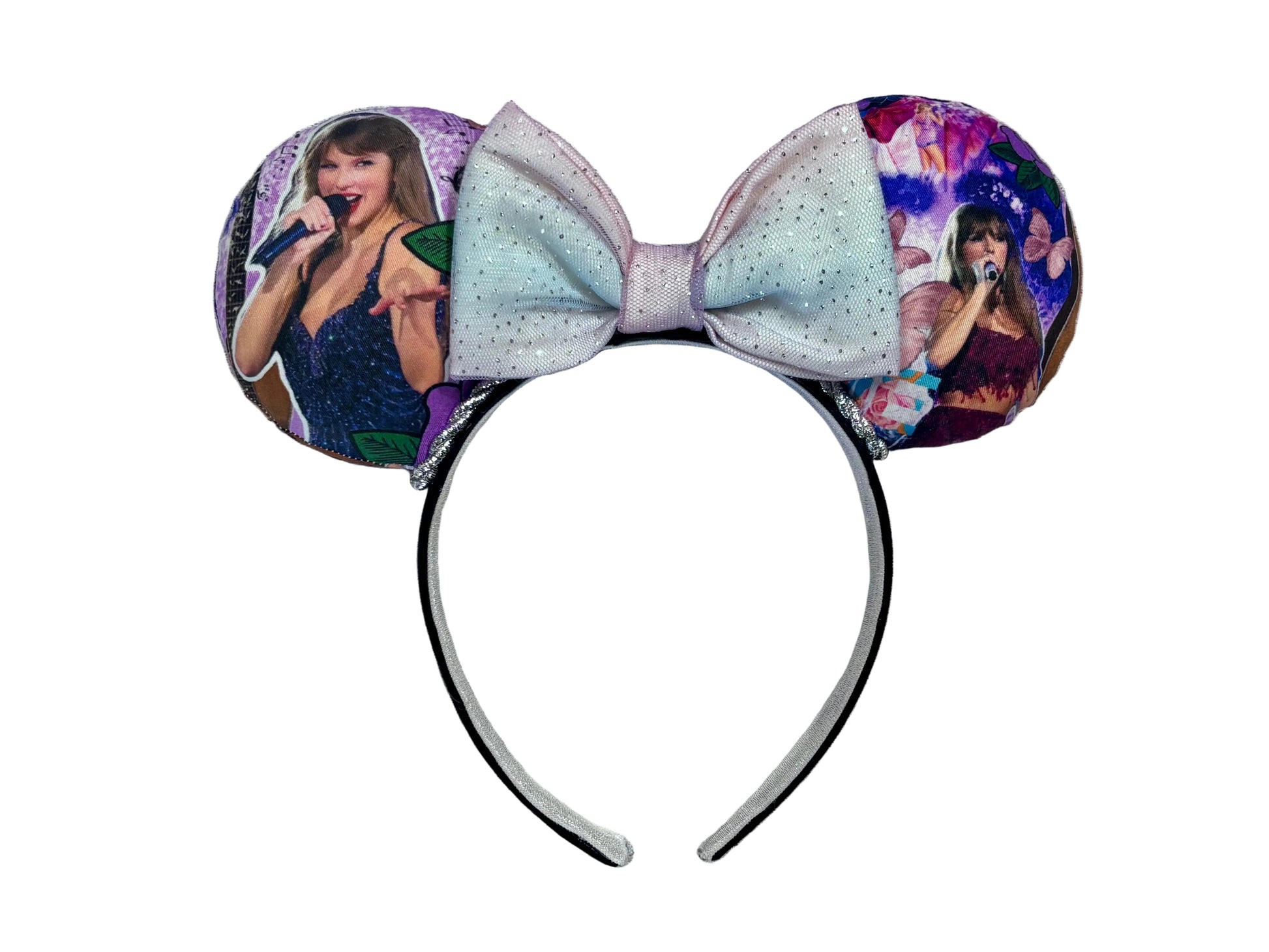 Handmade and ready to ship TS Mouse ears with a new beautiful sewn tulle bow with sparkles on it. Of course, you can still request any bow in sequin if you prefer and I will attach it. Shown on a white background.
